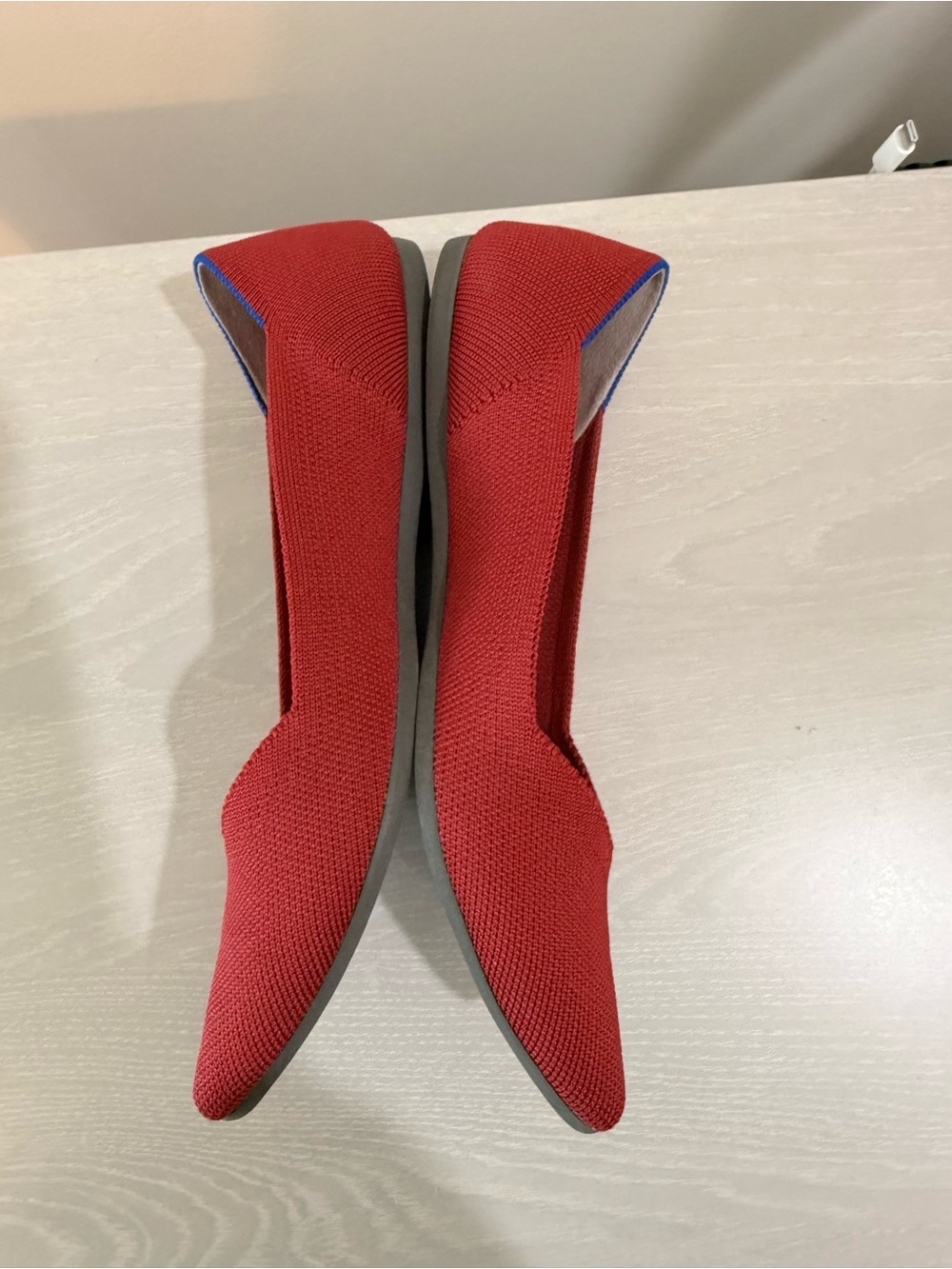 Rothy's Red Pointed-Toe Knit Flats with Blue Trim - Picture 9 of 11
